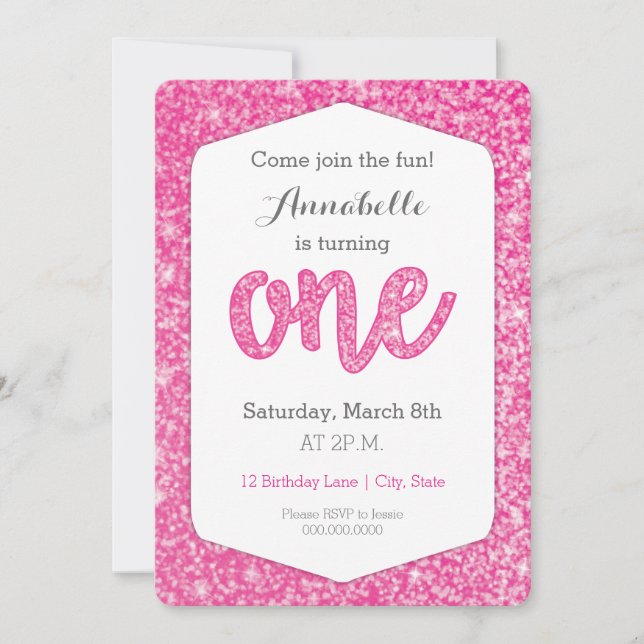 Hot Pink Glitter "One" First Birthday Card (Front)