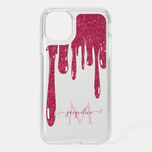 Hot Pink Glitter Paint Drip Clear Name n Monogram Speck iPhone 11 Case