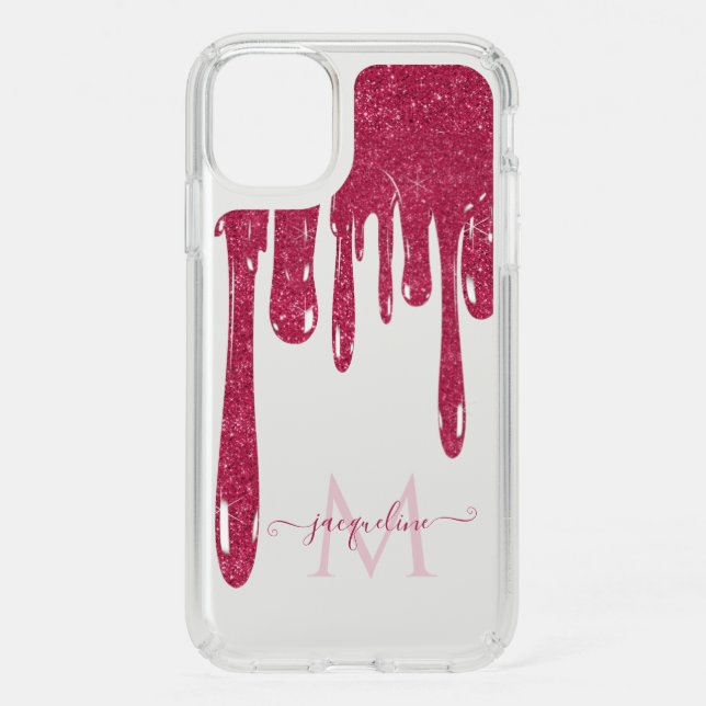 Hot Pink Glitter Paint Drip Clear Name n Monogram Speck iPhone 11 Case (Front)