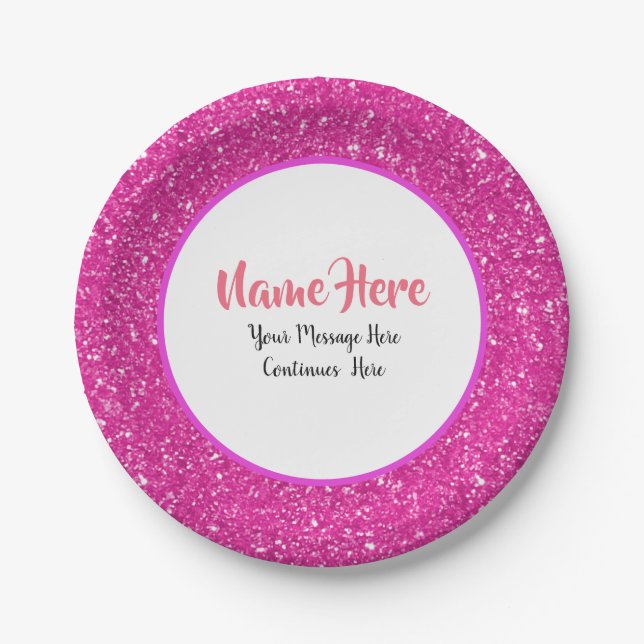 Hot Pink Glitter Pattern Personalized Paper Plates (Front)