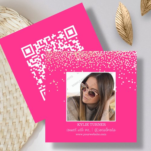 Hot Pink Glitter  Photo Social Media  QR Code   Square Business Card