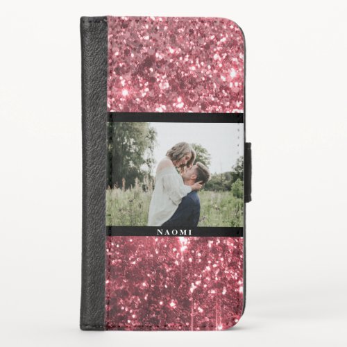 Hot Pink Glitter  Photo with Name iPhone X Wallet Case
