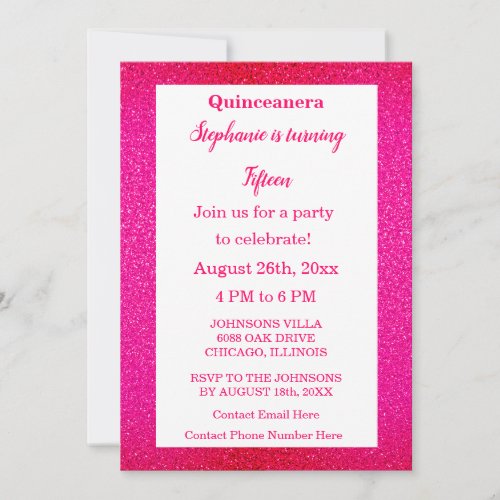Hot Pink Glitter Quinceanera 15th Birthday Party  Invitation