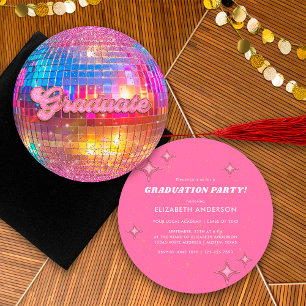 Hot Pink Glitter Retro Disco Ball Graduation Party Invitation