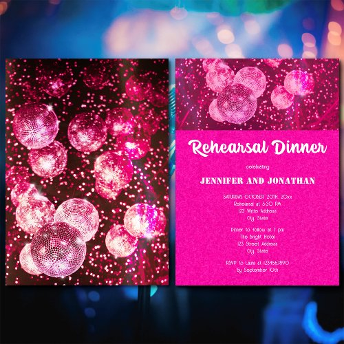 Hot Pink Glitter Retro Disco Ball Rehearsal Dinner Invitation