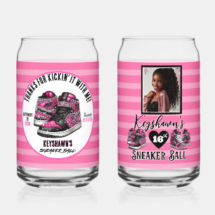 Hot Pink Glitter Sneaker Ball Photo Birthday Can Glass