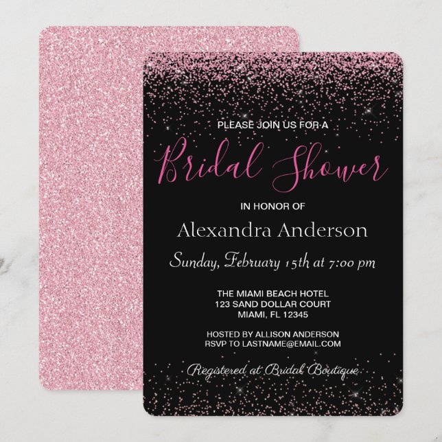 Hot Pink Glitter Sparkle Bridal Shower Invitation (Front/Back)