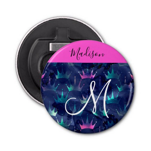 Hot Pink Glitter Sparkles Mermaid Crowns Monogram Bottle Opener