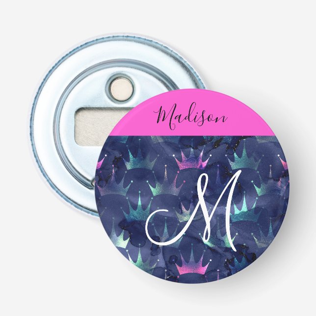 Hot Pink Glitter Sparkles Mermaid Crowns Monogram Bottle Opener (Front)