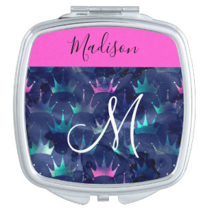 Hot Pink Glitter Sparkles Mermaid Crowns Monogram Compact Mirror