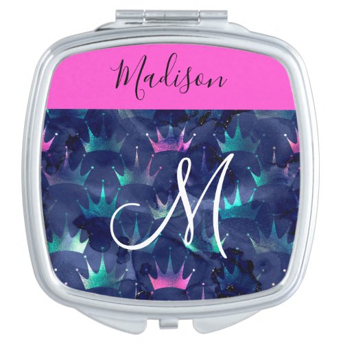 Hot Pink Glitter Sparkles Mermaid Crowns Monogram Compact Mirror