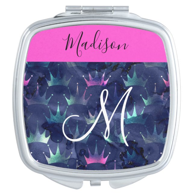 Hot Pink Glitter Sparkles Mermaid Crowns Monogram Compact Mirror (Front)