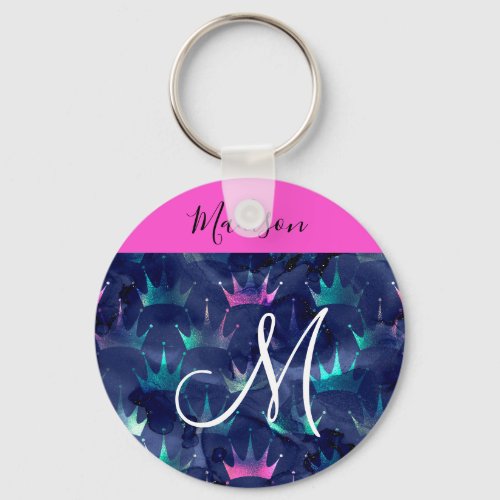 Hot Pink Glitter Sparkles Mermaid Crowns Monogram Keychain