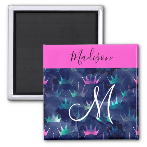 Hot Pink Glitter Sparkles Mermaid Crowns Monogram Magnet