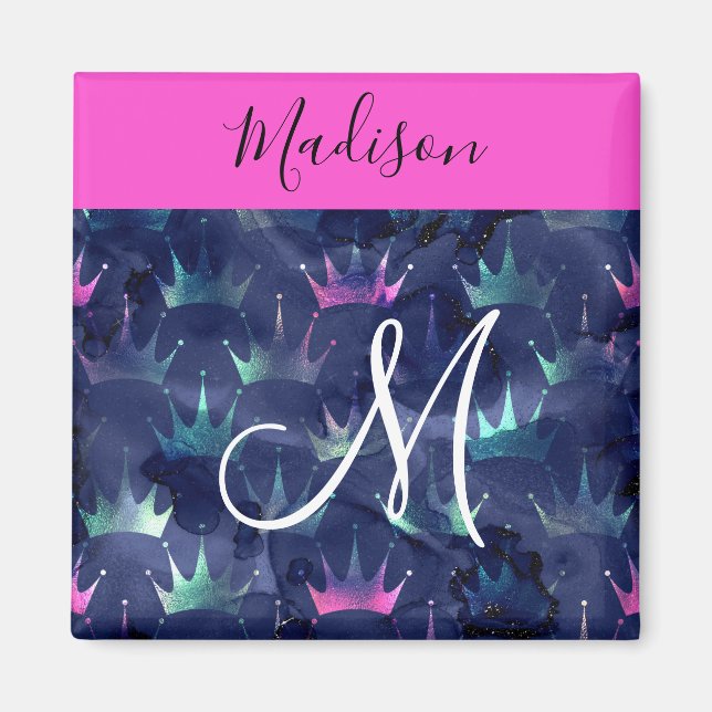 Hot Pink Glitter Sparkles Mermaid Crowns Monogram Magnet (Front)