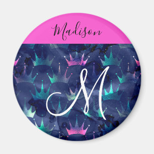 Hot Pink Glitter Sparkles Mermaid Crowns Monogram Magnet