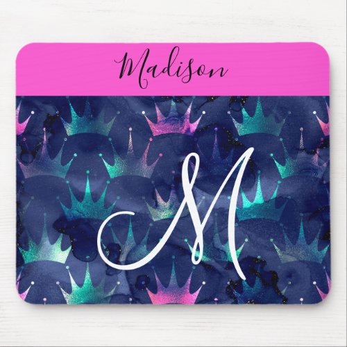 Hot Pink Glitter Sparkles Mermaid Crowns Monogram Mouse Pad