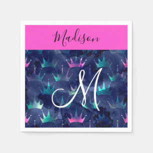 Hot Pink Glitter Sparkles Mermaid Crowns Monogram Napkins