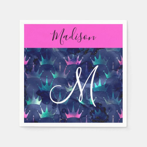 Hot Pink Glitter Sparkles Mermaid Crowns Monogram Napkins
