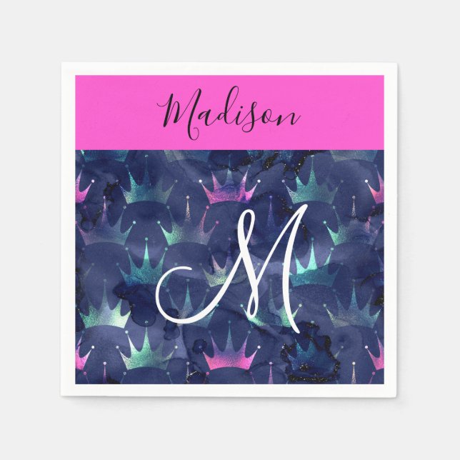Hot Pink Glitter Sparkles Mermaid Crowns Monogram Napkins (Front)