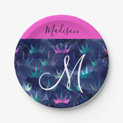 Hot Pink Glitter Sparkles Mermaid Crowns Monogram Paper Plates