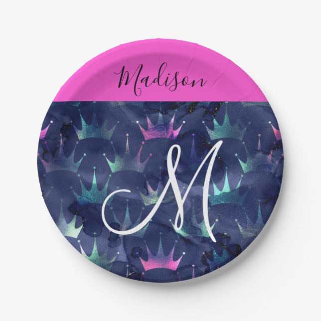 Hot Pink Glitter Sparkles Mermaid Crowns Monogram Paper Plates (Front)