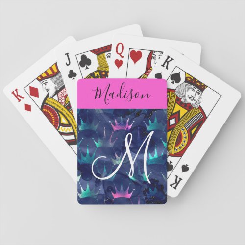 Hot Pink Glitter Sparkles Mermaid Crowns Monogram Poker Cards