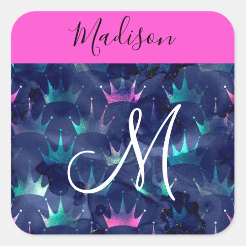 Hot Pink Glitter Sparkles Mermaid Crowns Monogram Square Sticker