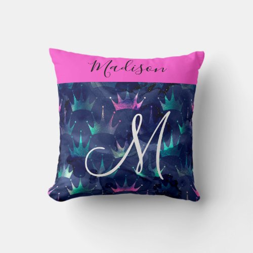 Hot Pink Glitter Sparkles Mermaid Crowns Monogram Throw Pillow