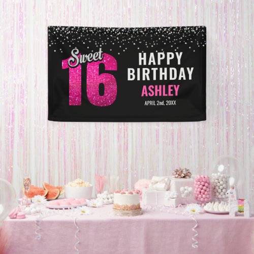 Hot Pink Glitter Sparkles SWEET SIXTEEN 16 Party Banner