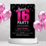 Hot Pink Glitter Sparkles SWEET SIXTEEN 16 Party Invitation<br><div class="desc">Throwing a sweet sixteen party? Need ideas? Get these modern and trendy custom templates so you can DIY easily.  Black and hot pink with faux silver foil and glitter .Affordable but not cheap looking. Personalize these invites for your next sweet 16 party.</div>