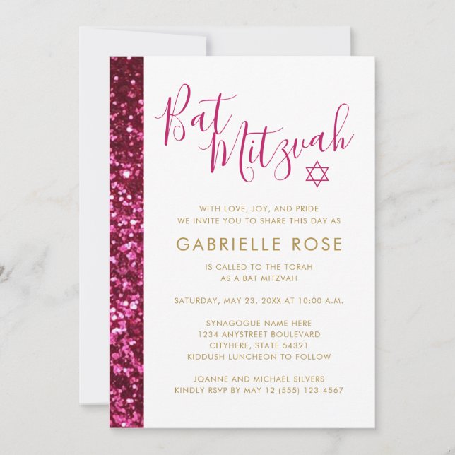 Hot Pink Glitter Sparkly Bat Mitzvah Invitation (Front)