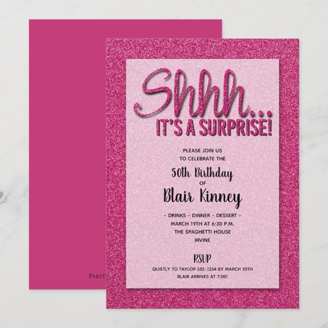 Hot Pink Glitter SURPRISE Birthday Invitations (Front/Back)
