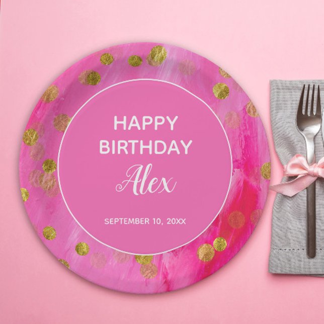 Hot Pink Glitter Surprise Birthday Party   Paper Plates (Hot pink with gold glitter birthday party paper plates)