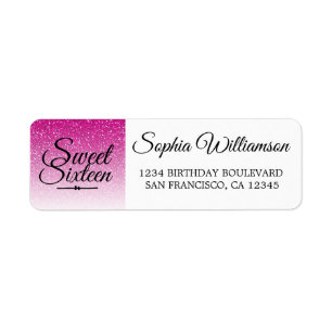 Hot Pink Glitter Sweet 16 Birthday Return Address Label