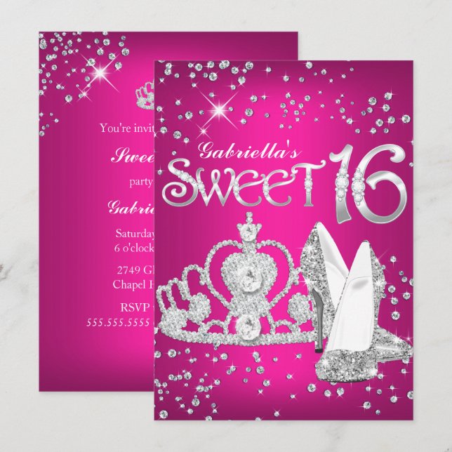 Hot Pink Glitter Tiara Heels Sweet 16 Invite (Front/Back)