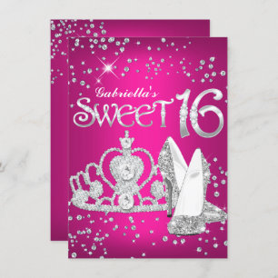Hot Pink Glitter Tiara Heels Sweet 16 Invite