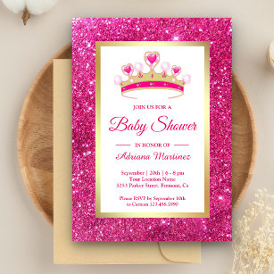 Hot Pink Glitter Tiara Princess Baby Shower Invitation