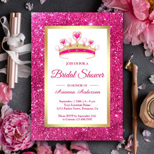 Hot Pink Glitter Tiara Princess Bridal Shower Invitation