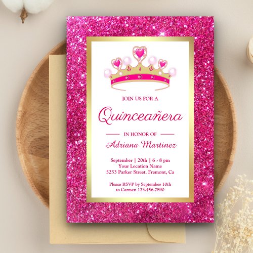Hot Pink Glitter Tiara Princess Quinceanera Invitation