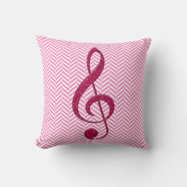 Hot Pink Glitter Treble Clef on Pink Chevron Throw Pillow (Front)