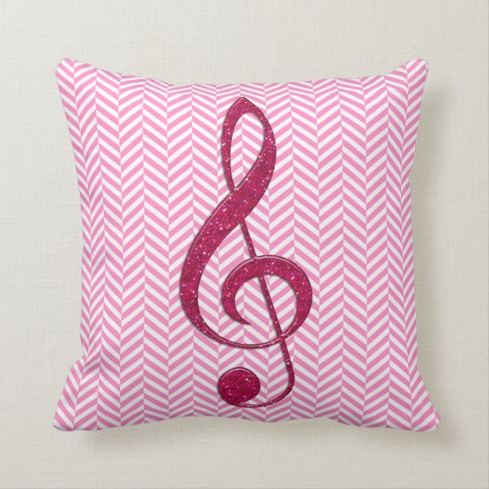 Hot Pink Glitter Treble Clef on Pink Chevron Throw Pillow