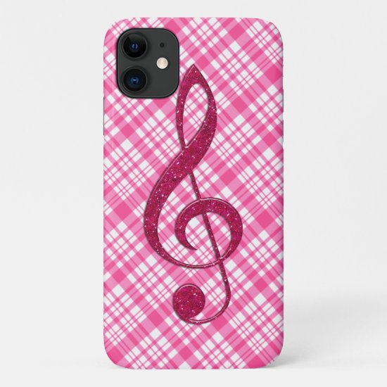 Hot Pink Glitter Treble Clef on Pink Plaid iPhone 11 Case
