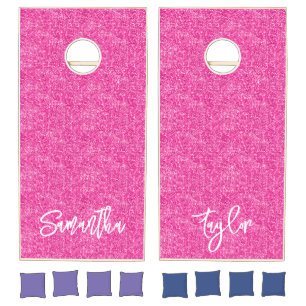 Hot Pink Glitter White Brush Script Names Cornhole Set