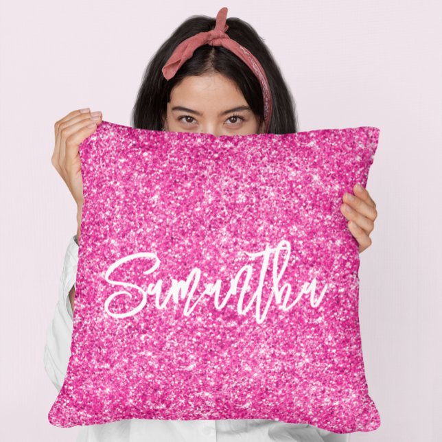 Hot Pink Glitter White Brush Script Throw Pillow (Creator Uploaded)