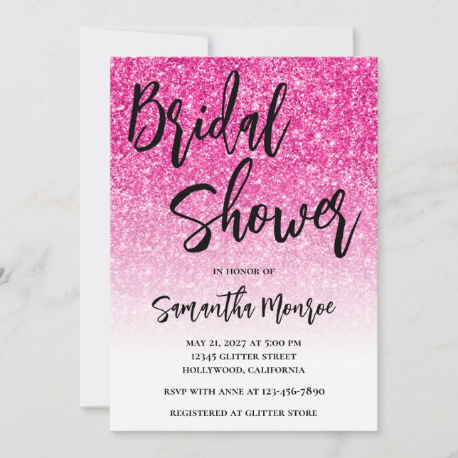Hot Pink Glitter White Gradient Bridal Shower Invitation (Front)