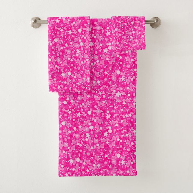 Hot Pink Glitter White Sparks Bath Towel Set (Insitu)