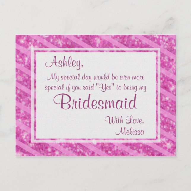 Hot Pink Glitter - Will You Be My Bridesmaid? Invitation Postcard (Front)