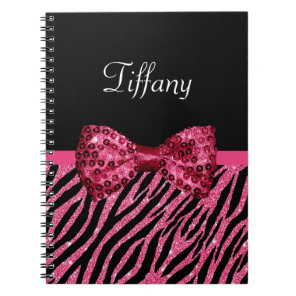 Hot Pink Glitter Zebra Bow Name Notebook