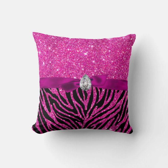 Hot Pink Glitter Zebra Pattern Ribbon Diamond Cute Throw Pillow (Front)